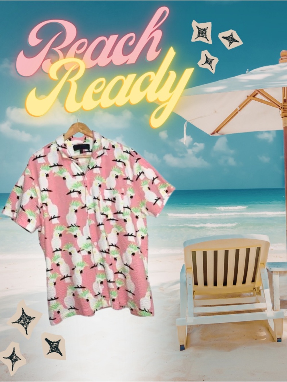 Pink Five points pink button up with white parrot pattern - Picture 2 of 4